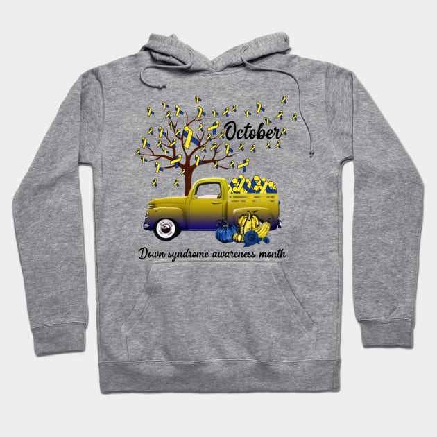 Blue And Yellow Ribbon Pumpkin Truck Down Syndrome Awareness Hoodie by HomerNewbergereq